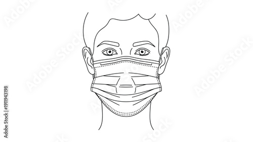 Minimalist line drawing of human face wearing protective surgical mask for health safety and disease prevention on white background.