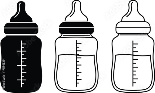 Baby feeding bottle vector set with milk and measurements, newborn infant nursing equipment icons in flat line art and silhouette style