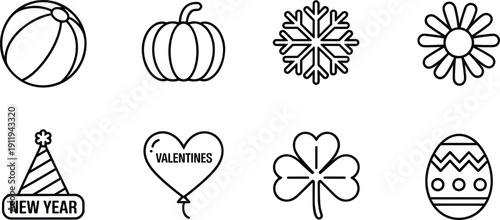 Collection of black and white icons representing seasons and holidays including summer, autumn, winter, spring, and festive celebrations