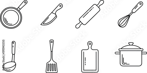 Collection of black and white kitchen utensil icons including frying pan, knife, rolling pin, whisk, ladle, spatula, cutting board, and pot