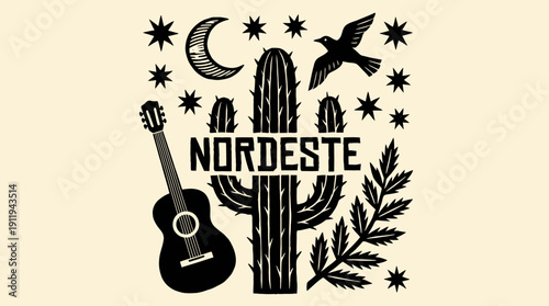 Brazilian Nordeste Xilogravura Woodcut Illustration: Mandacaru Cactus, Guitar, Bird, Moon, and Stars