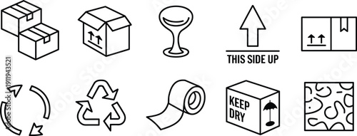 Minimal packaging handling icons set with boxes, fragile glass, recycle arrows, keep dry label, tape roll, shipping symbols outline vector