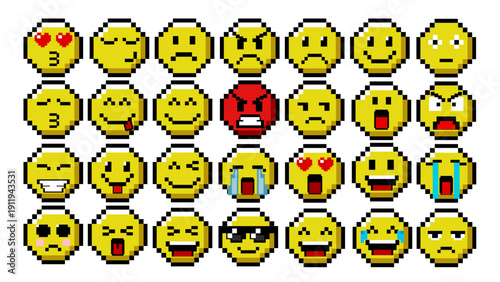 Set of various emojis in pixel art style. Retro style, 8 bit game emotions collection. Various faces, smiley, happy, sad, angry, love, crying, laughing, surprised etc. Isolated vector illustrations