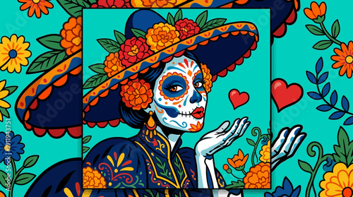 Colorful Catrina Calavera blowing kiss. Día de Muertos art. Vibrant Mexican sugar skull illustration with sombrero and marigolds.