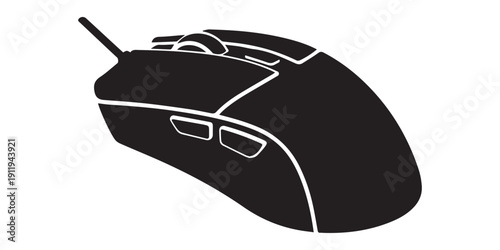 Black computer mouse silhouette, gaming peripheral icon, isolated on white background.
