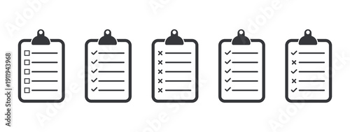 Isolated outline pictogram clipboard checklist icons with check marks and cross symbols for task management survey form evaluation concept