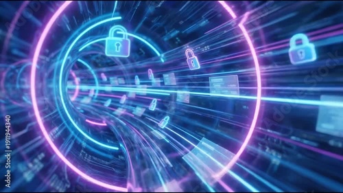 Seamless loop of high speed flight through data stream. Neon padlocks symbolizing encryption and network protection. Blue sci-fi background for VPN and internet security concepts.

