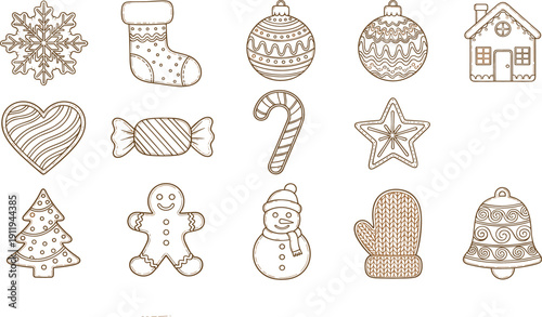 Hand Drawn Christmas Gingerbread Cookies and Holiday Icons Line Art Vector Set for Winter Baking, Festive Decoration and Seasonal Design