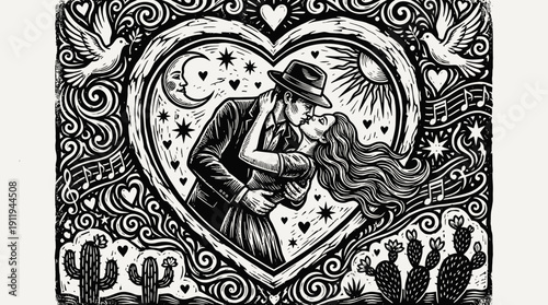 Vintage Linocut Kissing Couple in Heart Frame. Black and White Woodcut Art, Folk Style Romantic Design with Doves, Sun, and Moon.