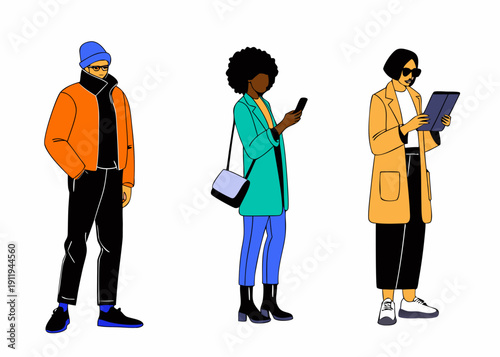 Three people diverse in style using mobile devices outdoors