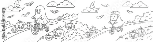 8.5x11 inch Halloween coloring page. fun design with ghosts, a boy dressed as a vampire and more. Ready to print on standard 8.5 x 11 (US letter paper) page.
