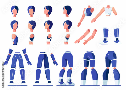 Disassembled cartoon character parts heads torsos arms and legs