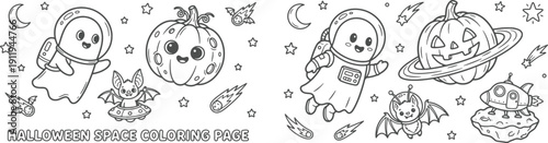 8.5x11 inch Halloween coloring page. fun design with ghosts, a boy dressed as a vampire and more. Ready to print on standard 8.5 x 11 (US letter paper) page.