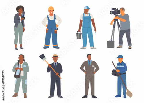 Diverse group of workers and professionals in a flat illustration style