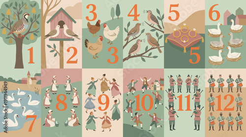 The Twelve Days of Christmas Illustrated Grid. Vintage Folk Art Counting Pattern of Traditional Gifts: Partridge, Doves, Hens, Rings, Swans, Pipers, and Drummers.