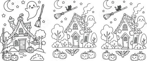 8.5x11 inch Halloween coloring page. fun design with ghosts, a boy dressed as a vampire and more. Ready to print on standard 8.5 x 11 (US letter paper) page.