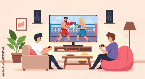 Three friends watching a boxing match on a large television screen in a cozy living room.