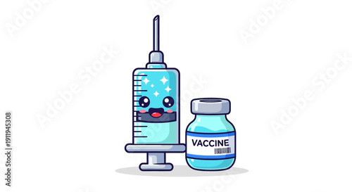 Cartoon syringe and vaccine bottle with smiling face.