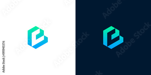 Modern geometric 'b' logo design with vibrant blue and green gradients on white and dark backgrounds