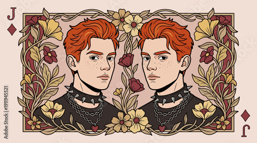 Art Nouveau Jack of Diamonds Playing Card Illustration featuring a Punk Style Ginger Boy Portrait with Floral Frame and Symmetrical Design