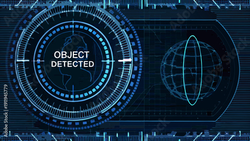 Futuristic interface displaying object detected with a globe and abstract digital circle design