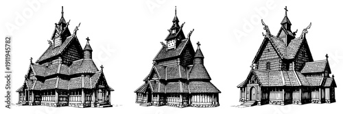 Vintage wood engraving style illustration of traditional Norwegian stave churches with ornate wooden roofs