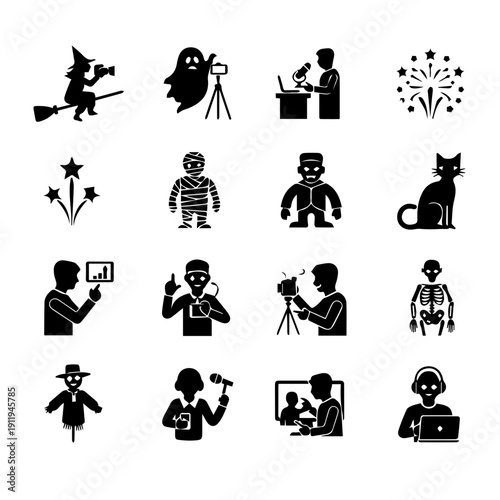 Halloween Icons: A set of spooky illustrations representing Halloween, featuring icons for a witch, ghost, fireworks, cat, mummy, frankenstein, scarecrow, skeleton and more.