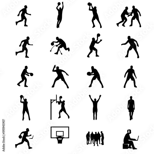 Basketball Silhouette Collection: A dynamic collection of basketball player silhouettes in action, representing the game's essence.
