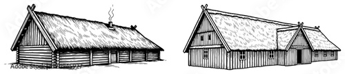 Vintage woodcut style illustration of ancient viking longhouses and traditional scandinavian turf roof dwellings
