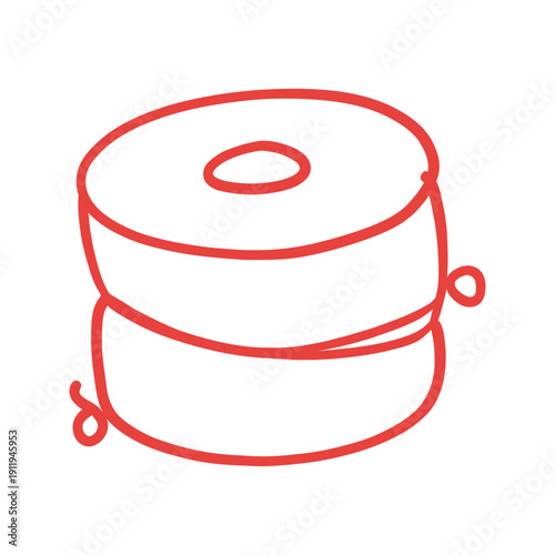 Red outline thread spool for sewing craft and hobby. Simple doodle style icon for tailor shop or textile design, vector illustration
