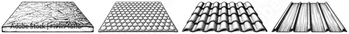 Set of different roof tile textures and construction materials in a vintage hand drawn engraving style illustration
