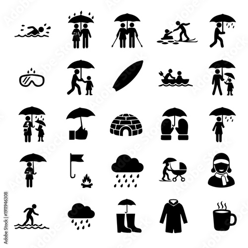 Weather Icons Collection: A curated compilation of iconic symbols representing diverse weather conditions and related activities, perfect for versatile design applications.