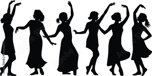 Black silhouettes of female dancers in expressive poses with varied arm and leg movements, showcasing elegance, rhythm, and artistic dance styles for design and creative projects
