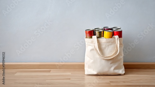 Reusable tote bag filled with canned food donation on minimal wall background