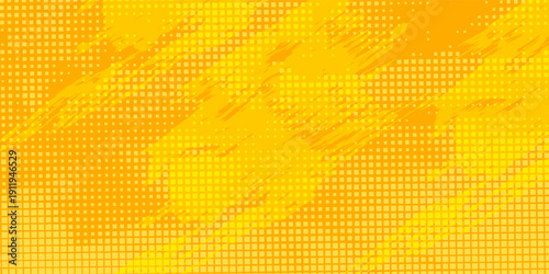 Yellow halftone pattern. Retro comic gradient background. Bright orange pixelated dotted texture overlay. Cartoon pop art faded gradient pattern. Vector backdrop for poster, banner, advertisement