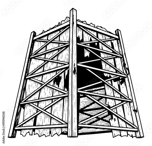 Hand drawn wooden scaffolding structure or tall timber frame tower in ink style