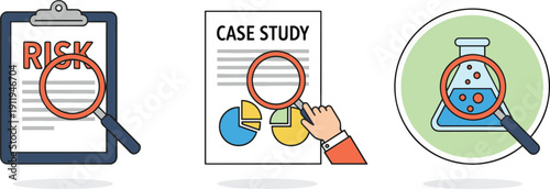 Business Risk Assessment Icon Set Vector Case Study Data Analysis And Scientific Research With Magnifying Glass Inspection Symbols