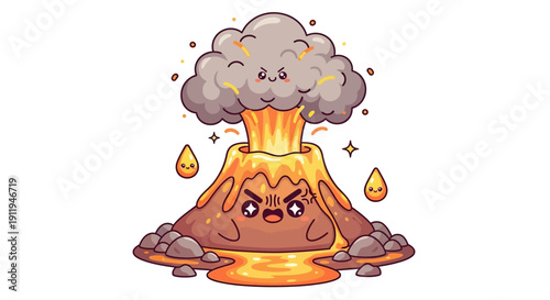 Angry cartoon volcano erupting with lava and smoke.
