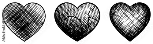 Collection of hand drawn vintage engraving hearts with different textures and cracked effects