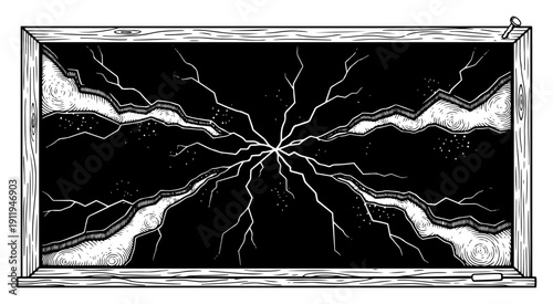 Abstract energy explosion or lightning breaking through a dark blackboard within a wooden frame