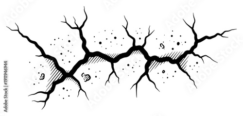 Hand drawn black ink crack in wall or dry ground surface illustration