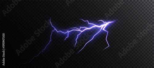 Purple electric lightning with a glowing plasma arc and bright glow, isolated lightning effect on a dark background. Futuristic energy effect for overlays. Vector.