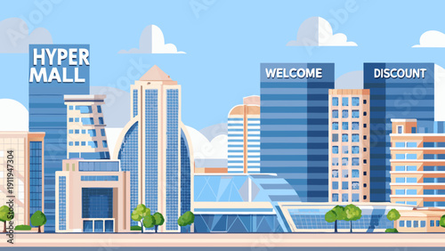 Illustration of a modern city skyline with hyper mall and welcome discount signage