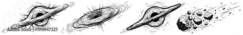 Collection of space celestial bodies including black holes and asteroids in vintage etching style