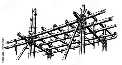 Detailed hand drawn illustration of bamboo scaffolding structure in vintage etching style