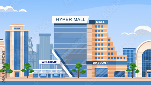 Modern cityscape featuring a large hyper mall with discount signage and welcome message under a blue sky