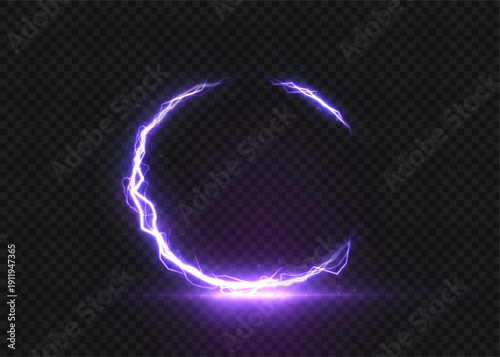 Purple electric lightning ring with a glowing arc of energy and a bright flash, a futuristic portal circle for visual effects and magical effects. 
