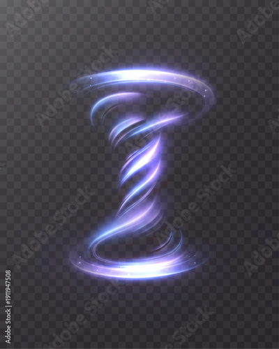 Blue-purple glowing portal funnel with twisted light ribbons and motion blur, abstract energy vortex for fantastic magic effects and visual effects. Editable scalable vector.