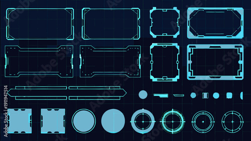 Collection of glowing blue futuristic frame elements arranged in a grid pattern against a blue background