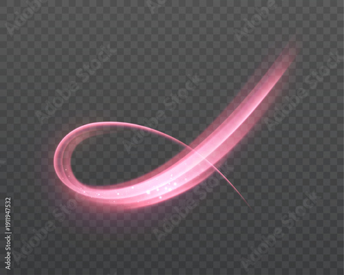 A pink neon trail with a curved luminous ribbon and a soft blur of movement, an abstract strip of energy isolated on a transparent background. Editable scalable vector.